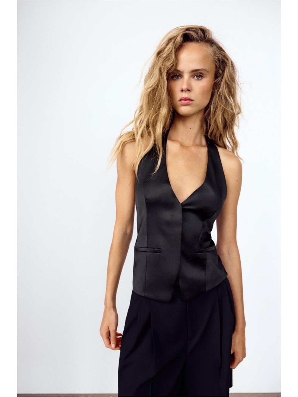 Zara Black Satin Halter Vest